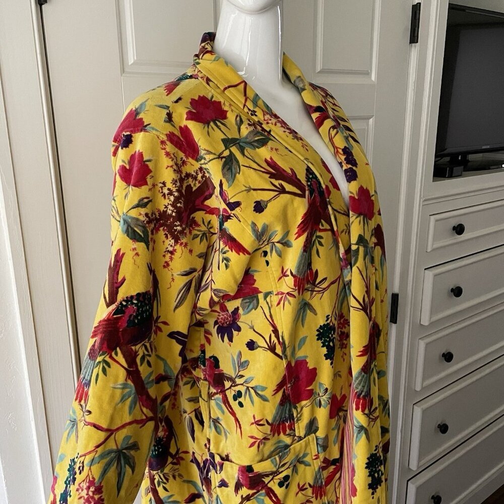 OFMD Yellow Bird Velvet Banyan Fabric Kimono Cotton Velvet Robe Long Jacket - Picture 4 of 14